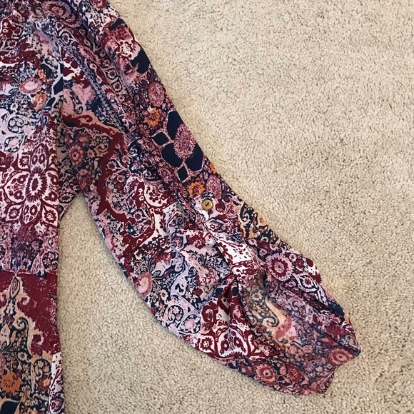 Rue21 Semi Sheer Printed Blouse Women Medium Burgundy Cream Earthy Boho Festival - Picture 5 of 9